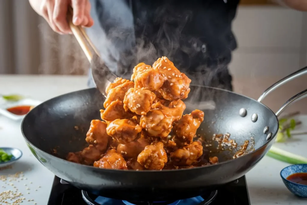 Chef tossing crispy fried chicken pieces in glossy sweet and savory sauce inside a wok, with steam rising and green onions scattered nearby.