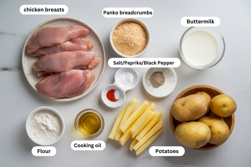 Flat-lay of ingredients for chicken tenders and fries, including raw chicken breasts, panko breadcrumbs, buttermilk, flour, potatoes, cooking oil, and spices (salt, paprika, black pepper) arranged in bowls and plates on a clean white surface.