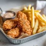 Golden crispy chicken tenders served with seasoned straight-cut fries and a creamy dipping sauce in a metal tray lined with parchment paper.