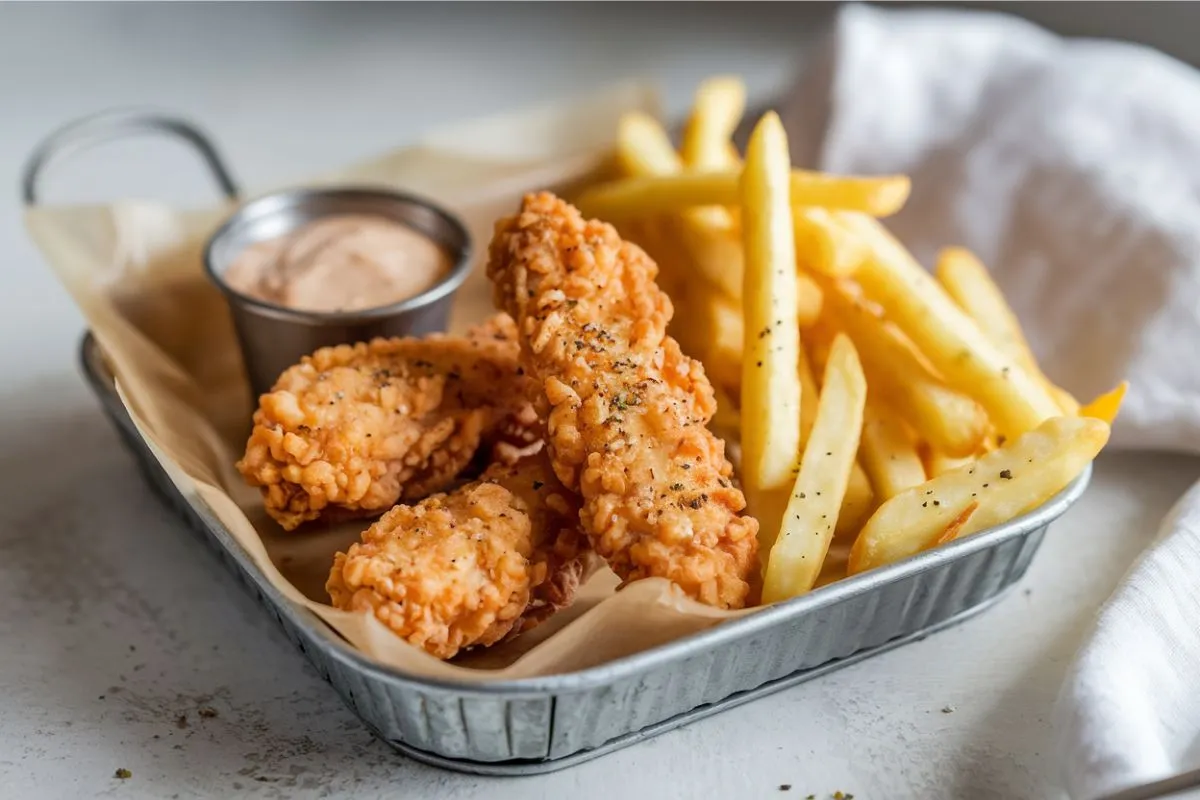 Golden crispy chicken tenders served with seasoned straight-cut fries and a creamy dipping sauce in a metal tray lined with parchment paper.