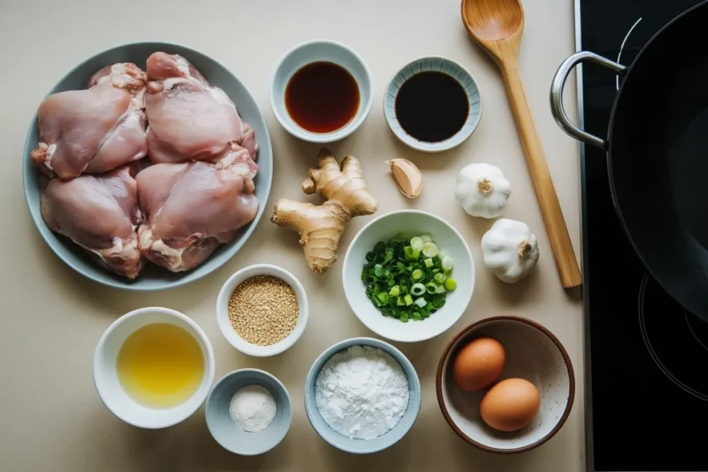 Overhead view of Empress Chicken ingredients, including chicken thighs, soy sauce, hoisin sauce, rice vinegar, ginger, garlic, green onions, sesame seeds, cornstarch, and eggs, neatly arranged on a kitchen countertop.