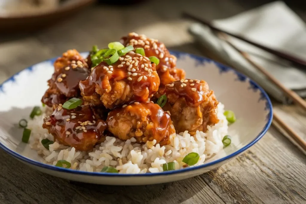 Plated Empress Chicken with crispy fried chicken pieces coated in glossy sweet and savory sauce, served over steamed jasmine rice and garnished with sesame seeds and green onions.