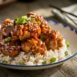 Plated Empress Chicken with crispy fried chicken pieces coated in glossy sweet and savory sauce, served over steamed jasmine rice and garnished with sesame seeds and green onions.