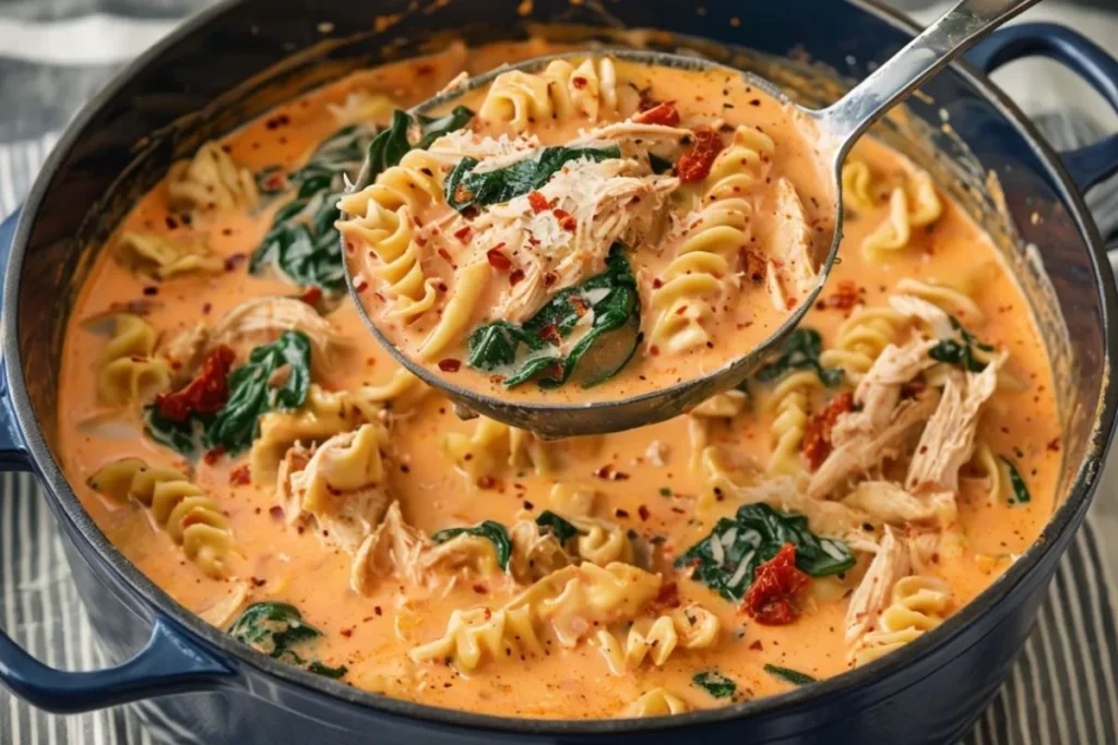 A ladle serving Marry Me Chicken Soup from a blue pot, featuring shredded chicken, spinach, sun-dried tomatoes, and fusilli pasta in a creamy broth