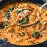 A ladle serving Marry Me Chicken Soup from a blue pot, featuring shredded chicken, spinach, sun-dried tomatoes, and fusilli pasta in a creamy broth