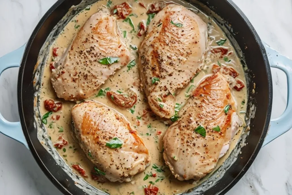 Four seared chicken breasts simmering in a creamy sauce with sun-dried tomatoes, fresh spinach, and seasonings in a blue-handled skillet, garnished with black pepper and fresh basil.