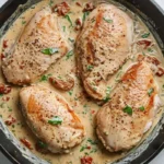 Four seared chicken breasts simmering in a creamy sauce with sun-dried tomatoes, fresh spinach, and seasonings in a blue-handled skillet, garnished with black pepper and fresh basil.