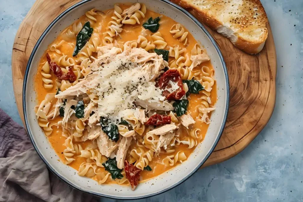 A bowl of Marry Me Chicken Soup featuring creamy orange broth, tender shredded chicken, cooked rotini pasta, sun-dried tomatoes, fresh spinach, and a generous sprinkle of parmesan cheese, served with a slice of toasted bread on a wooden board.