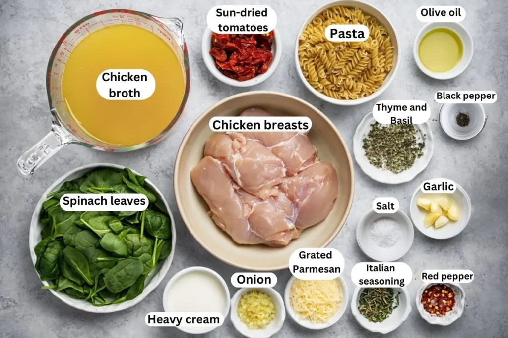 A top-down view of fresh ingredients for Marry Me Chicken Soup, including chicken broth, raw chicken breasts, pasta, sun-dried tomatoes, spinach leaves, heavy cream, grated Parmesan cheese, onion, garlic, thyme, basil, Italian seasoning, olive oil, salt, black pepper, and red pepper flakes, all arranged in bowls on a gray surface.