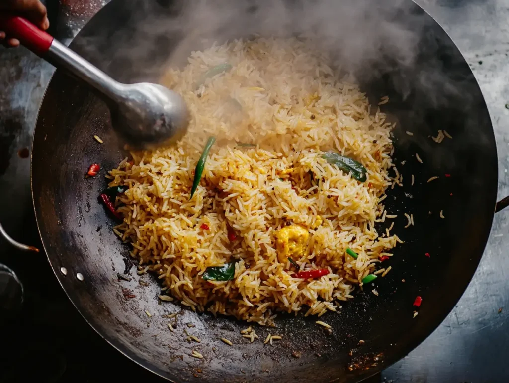 Cooking Anjappar egg fried rice in a wok.